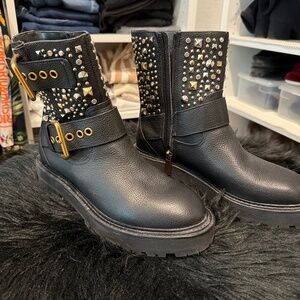 Kurt Geiger Black Studded Leather Ankle Boots with Gold Buckles